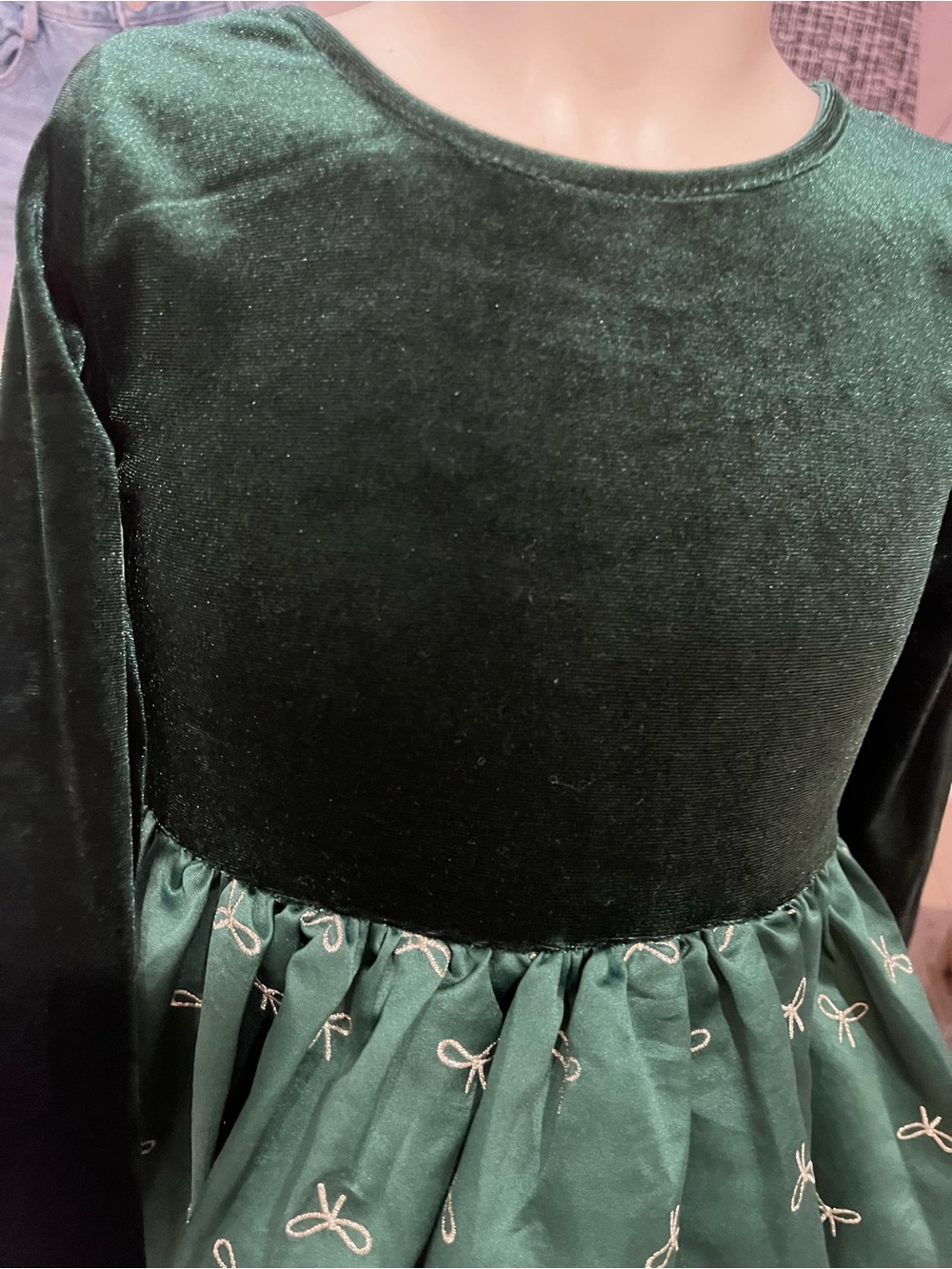 Girls' Green Velvet & Bow Skirt Dress